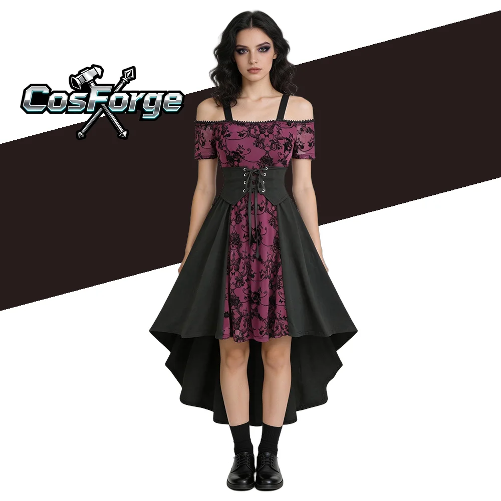 

Women's Gothic Vampire Steampunk Dress - Dark Red Black Print Mini Skirt, Halloween Carnival Party
