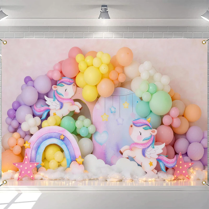

LS Rainbow Unicorn Balloon Backgrounds Kids Baby Photocall Props Child Adult Pregnant Photography Decors Sky Clouds Backdrops