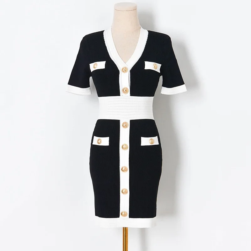 

Summer Dress For Women 2022 Summer New Design Elegant V-Neck Short Sleeve Hit Color Knitted Sweater Dresses Vestidos s247