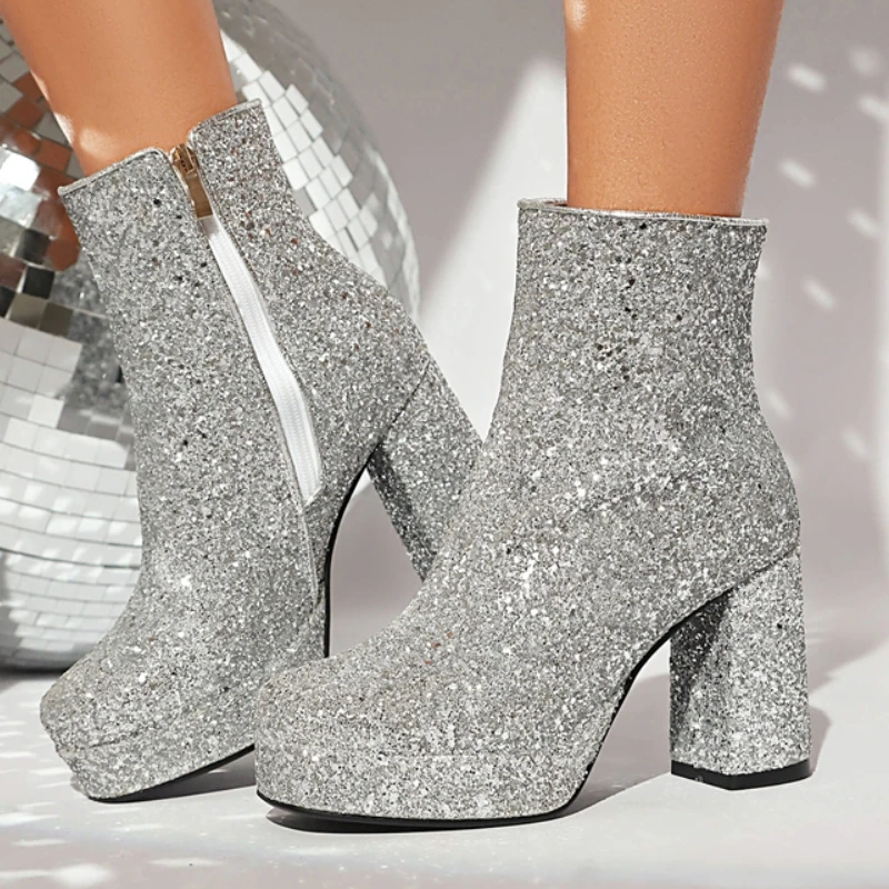 

Роскошные женские ботильоны на весну, новые, с пайетками, серебристые, золотые, на коротком каблуке-блоке, для танцев и вечеринок, большие размеры до 45