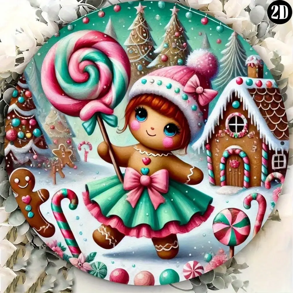 Vintage Christmas Gingerbread Girl Metal Tin Sign, Retro Cute Gingerbread Woman with Lollipop and Candy Cane Round Wall Art Deco