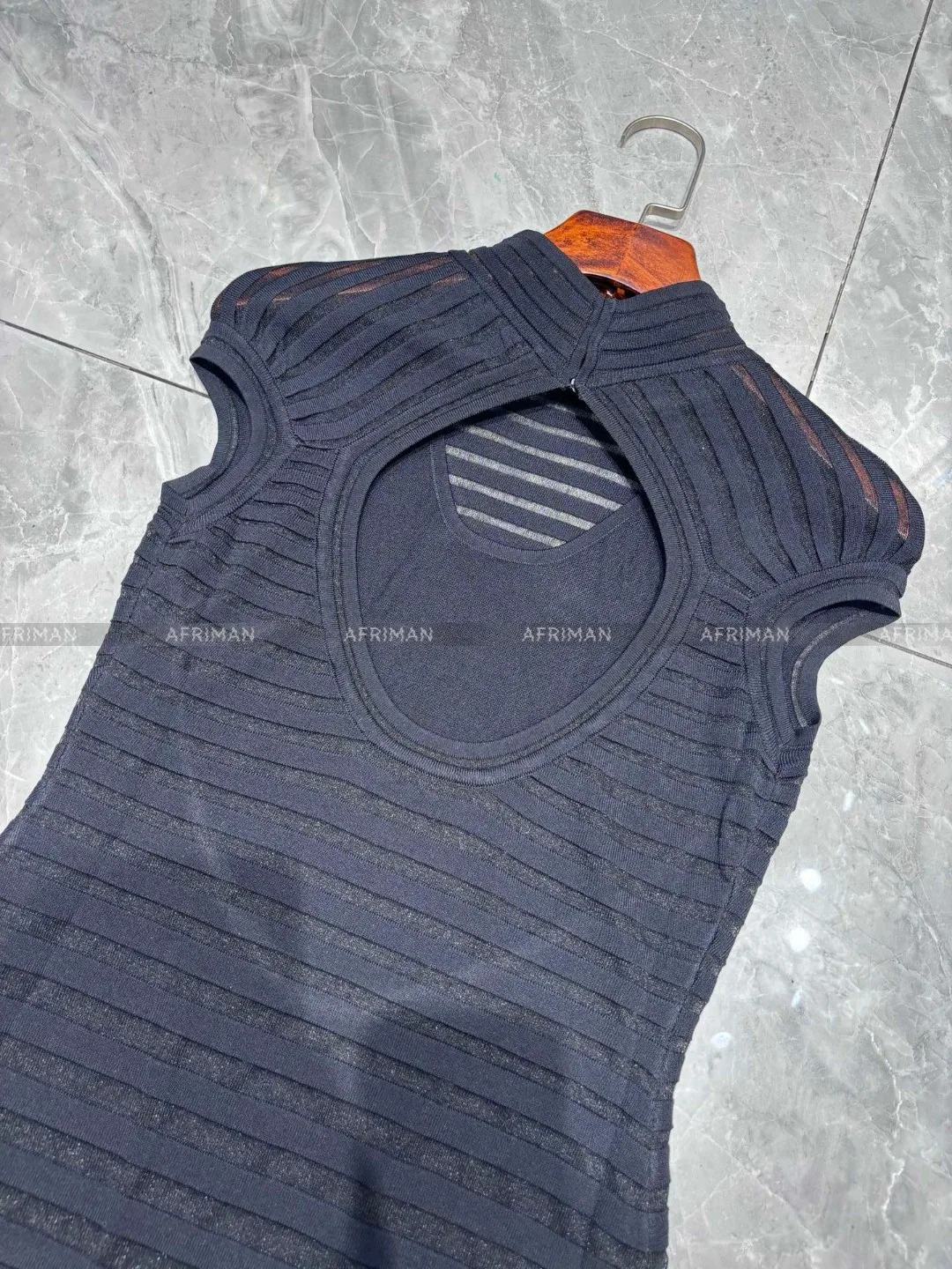 Women Chinese Mandarin Collar Little Perspective Hollowed Out Horizontal Striped Sexy Backless Knitted Long Dress image 3