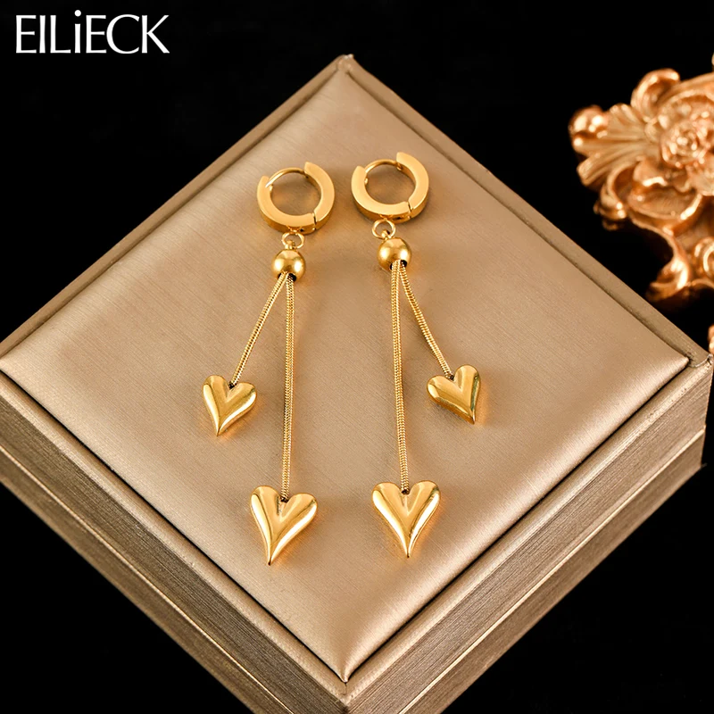 EILIECK 316L acier inoxydable deux coeur amour longues boucles d'oreilles femmes étanche attrayant romantique haute qualité bijoux cadeau