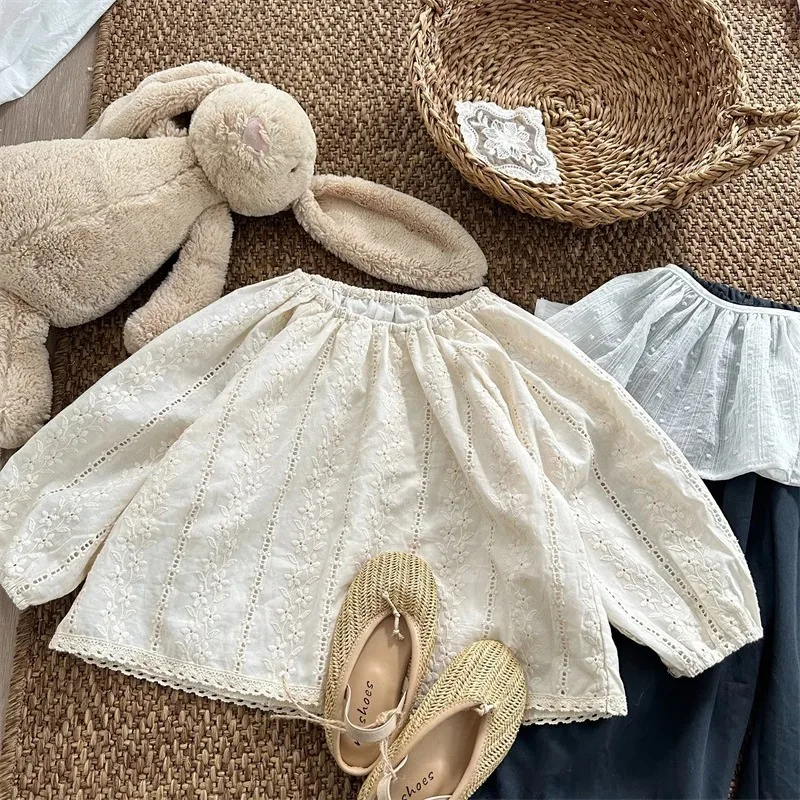 

Spring Baby Girls Embroidery Blouses Puff Sleeve Tops Korean Style Children Cute Shirts