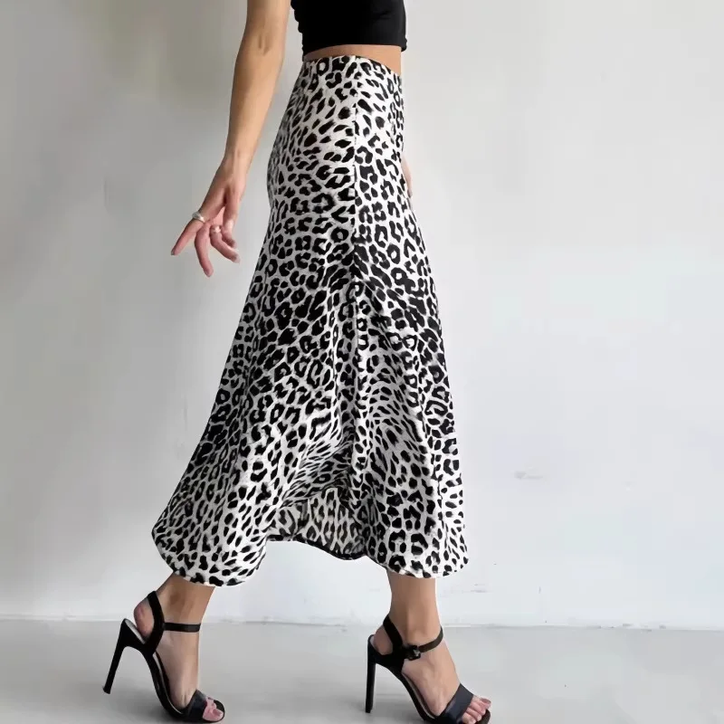 Seoulish Summer Vintage Leopard Printed Women's Pleated Wrap Skirts 2026 New Casual Loose Straight Mermaid Long Skirts Female