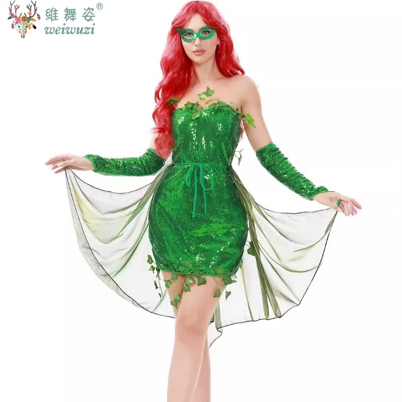 

The Wizard of Oz Women's Poisonous Villain Leaf Elves Sexy Cosplay Costume Dress Set Halloween Deluxe Ivy Costume Sequin Dress