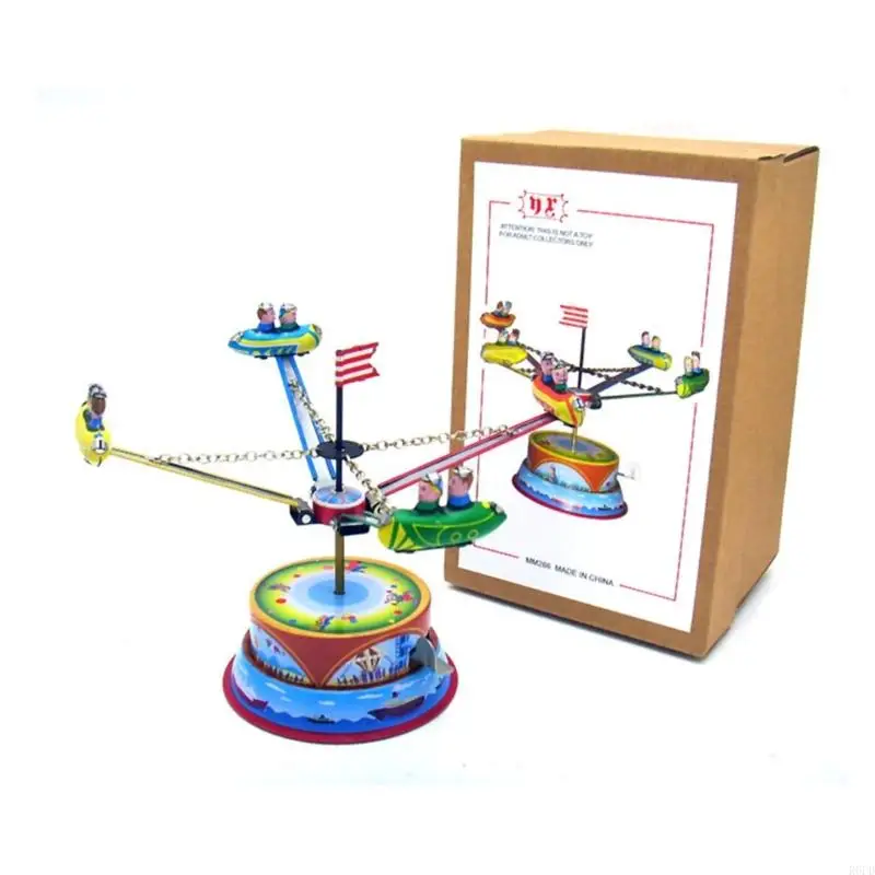 R6FD Retro Tinplate Spring Toy Rotating Spaceship Figurine Toy for Creative Gifts