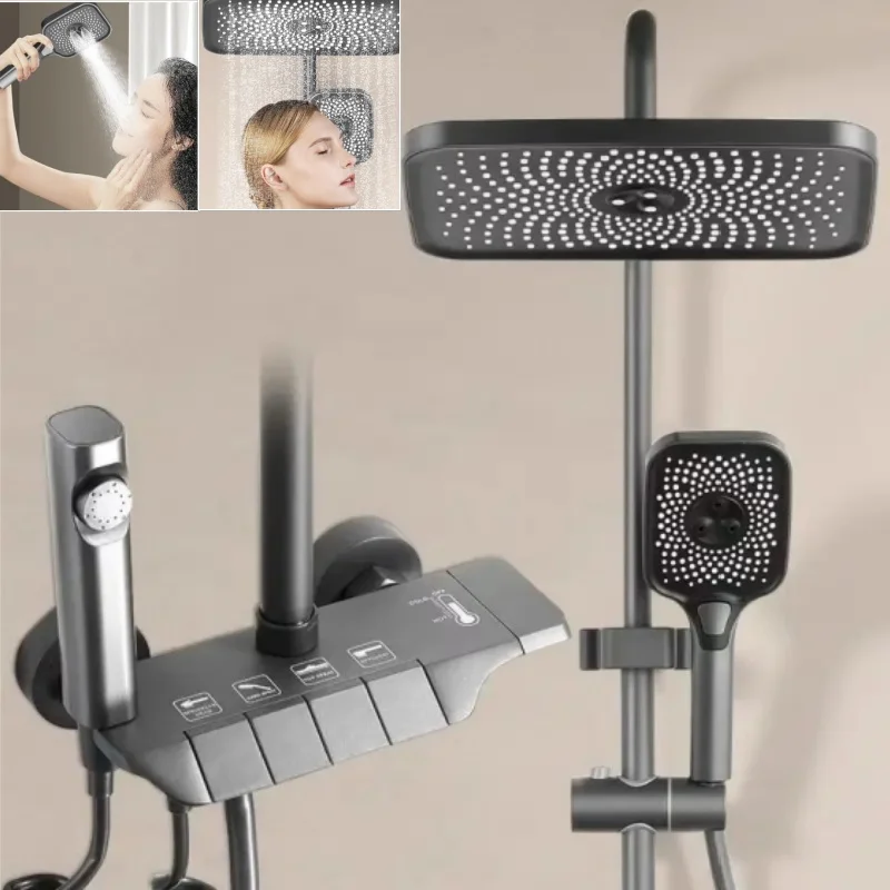 

Full Copper Hot Cold Wall Mounted Bathroom Shower Faucet Rain Rainfall Bathtub Mixer Piano Black Square Shower System Set
