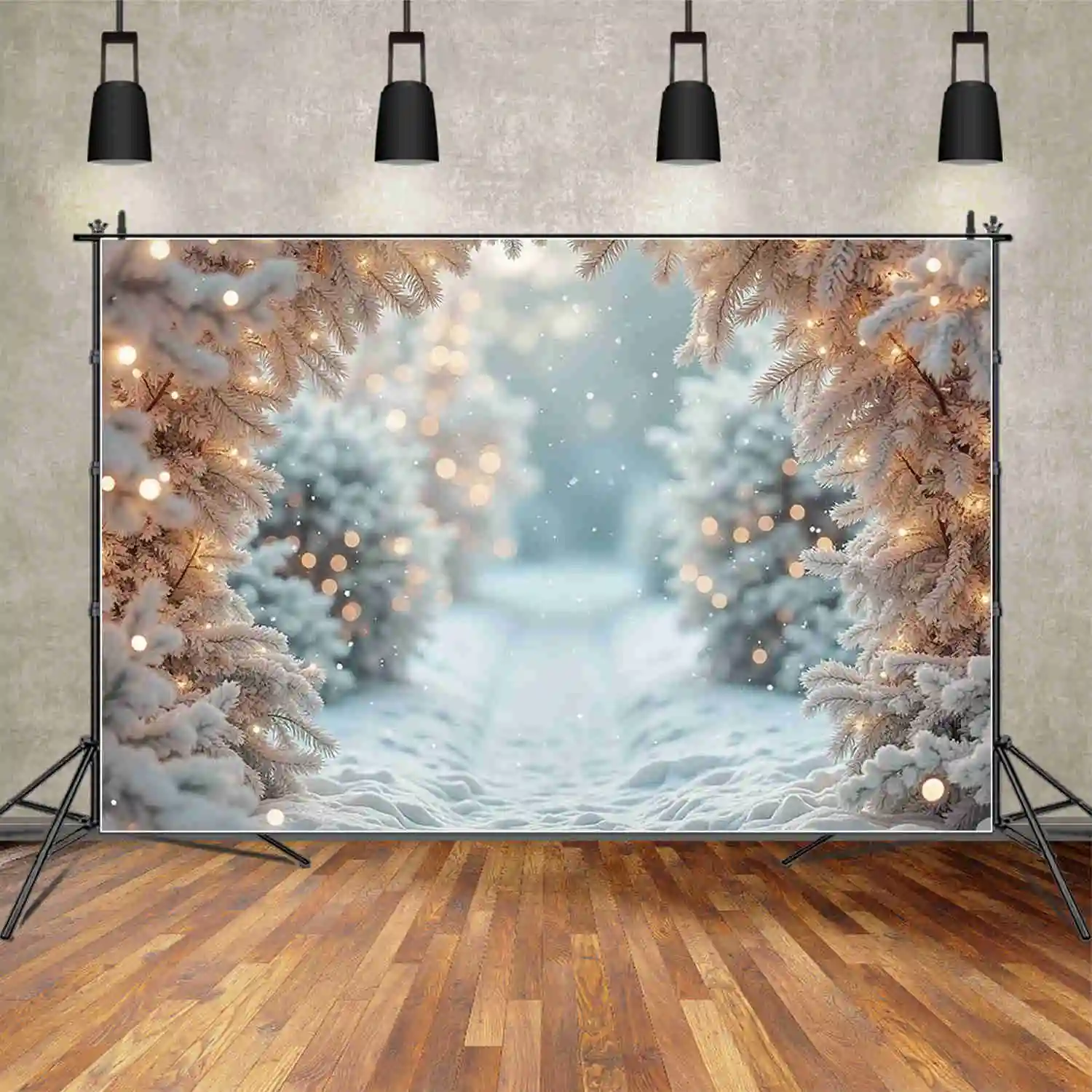 MOON.QG Snow Christmas White Lights Bokeh Backdrop for Photography Luxury Tree Photo Studio Background Winter Photozone Supplies