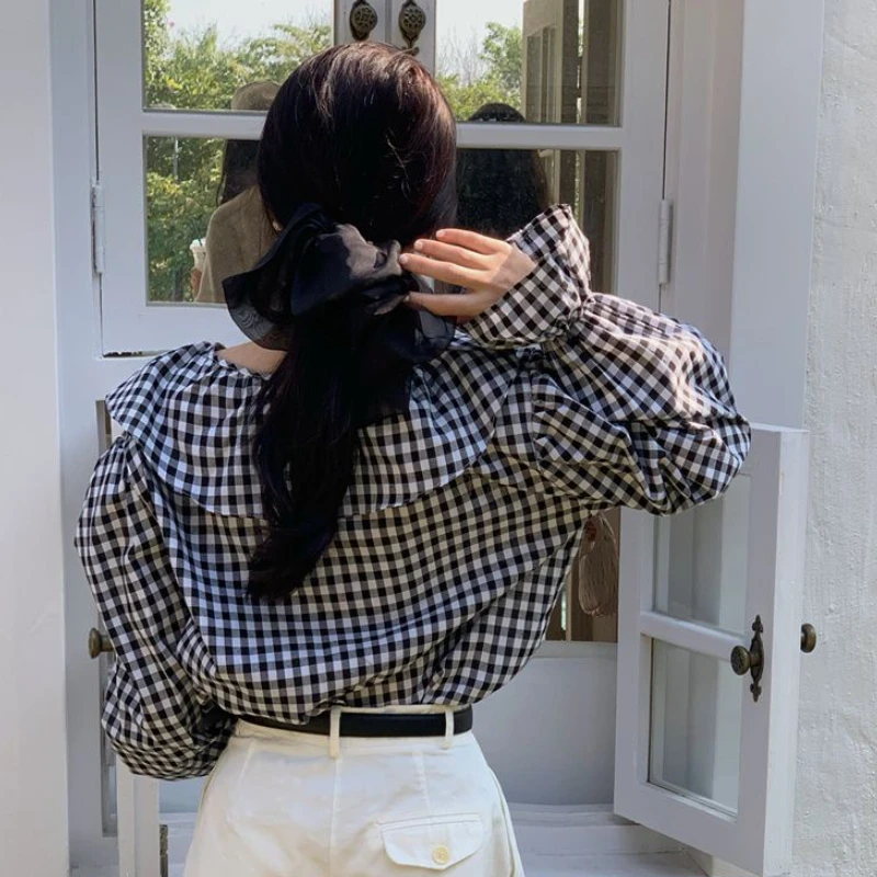 Vintage Ruffles Blouses for Women Puff Sleeve Korean Style Feminine Stylish Loose All-match Graceful Plaid Sweet Chic Leisure