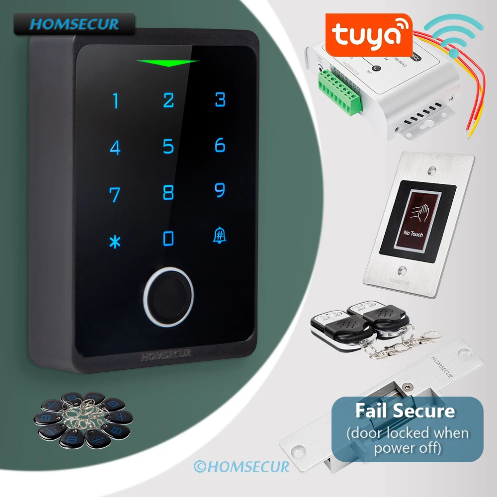 

HOMSECUR IP66 WIFI Fingerprint Password RFID 125Khz Access Control System Tuya APP Anti-Tamper WG26~44 12V Fail Secure Lock