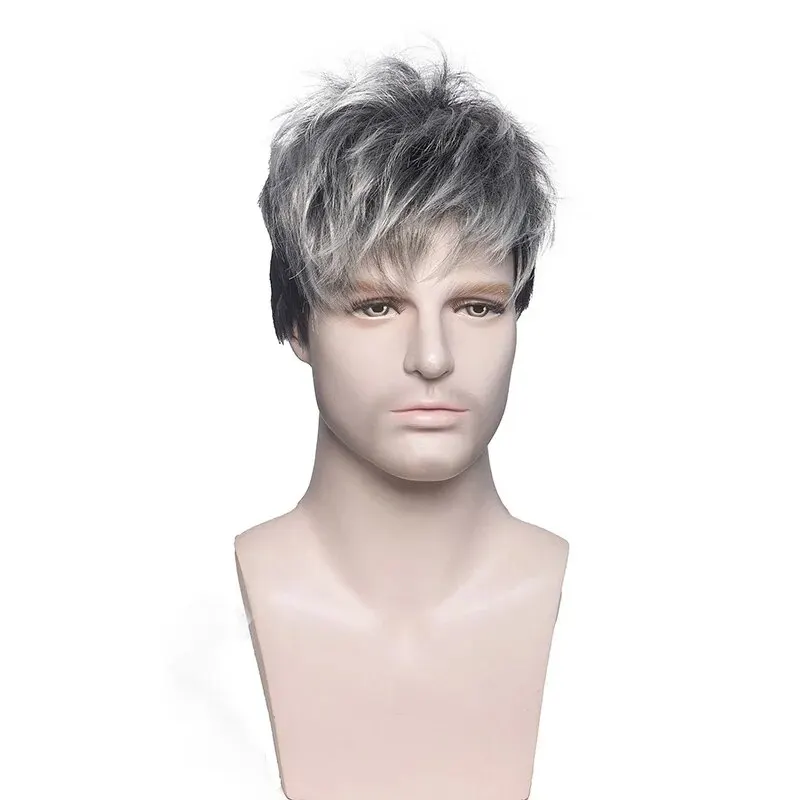 Wig Men Short Hair Fluffy Curly Hair Silver White Chemical Fiber Headgear Fluffy Short Curly Hair Simulation Full Headgear