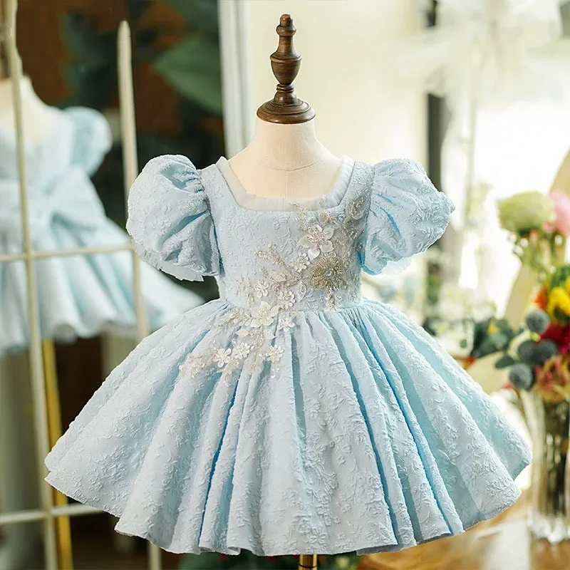 Customized Square Collar Puff Sleeve Kid Birthday Dresses Puff Sleeve Appliques Sweet Flower Girl Weddings Dresses Princess Plea