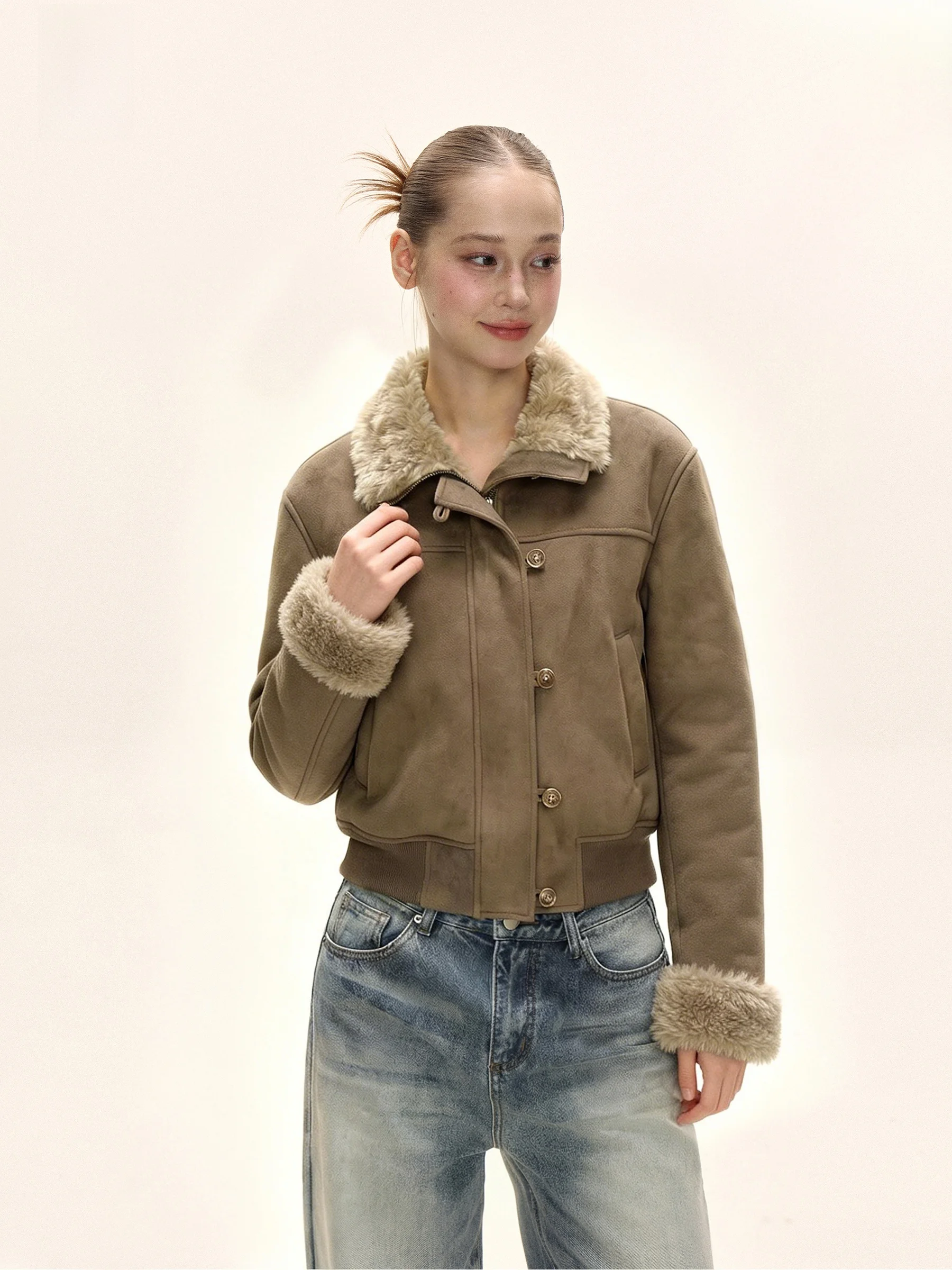 

Женский зимний кардиган-жакет iyue American Sle Collar с меховой отделкой и кожаными вставками, приталенный, на молнии