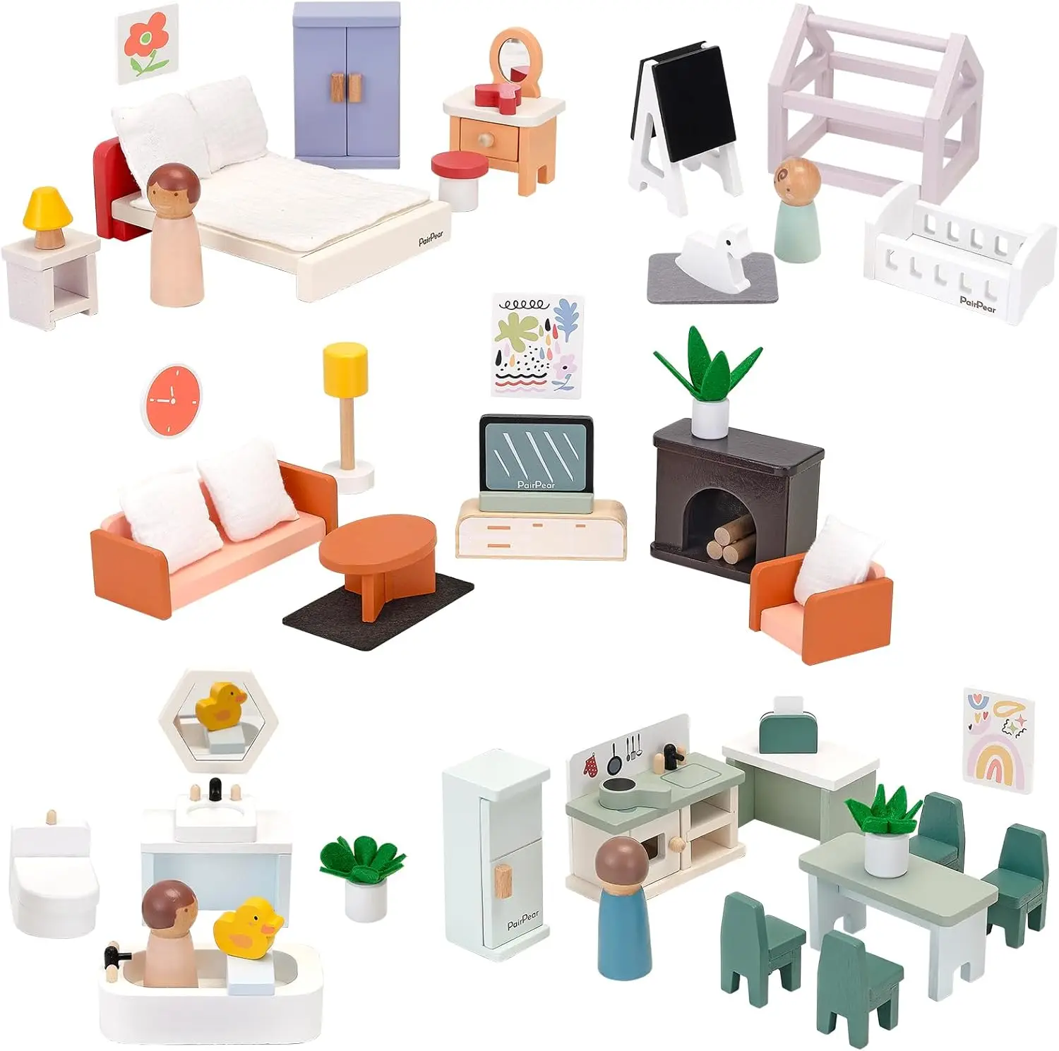 

Wooden Dollhouse Furniture Set,56 Pieces Doll Furnitures with 5 Room Kits Play Fingers,Doll House Miniature Furniture Pretend Pl