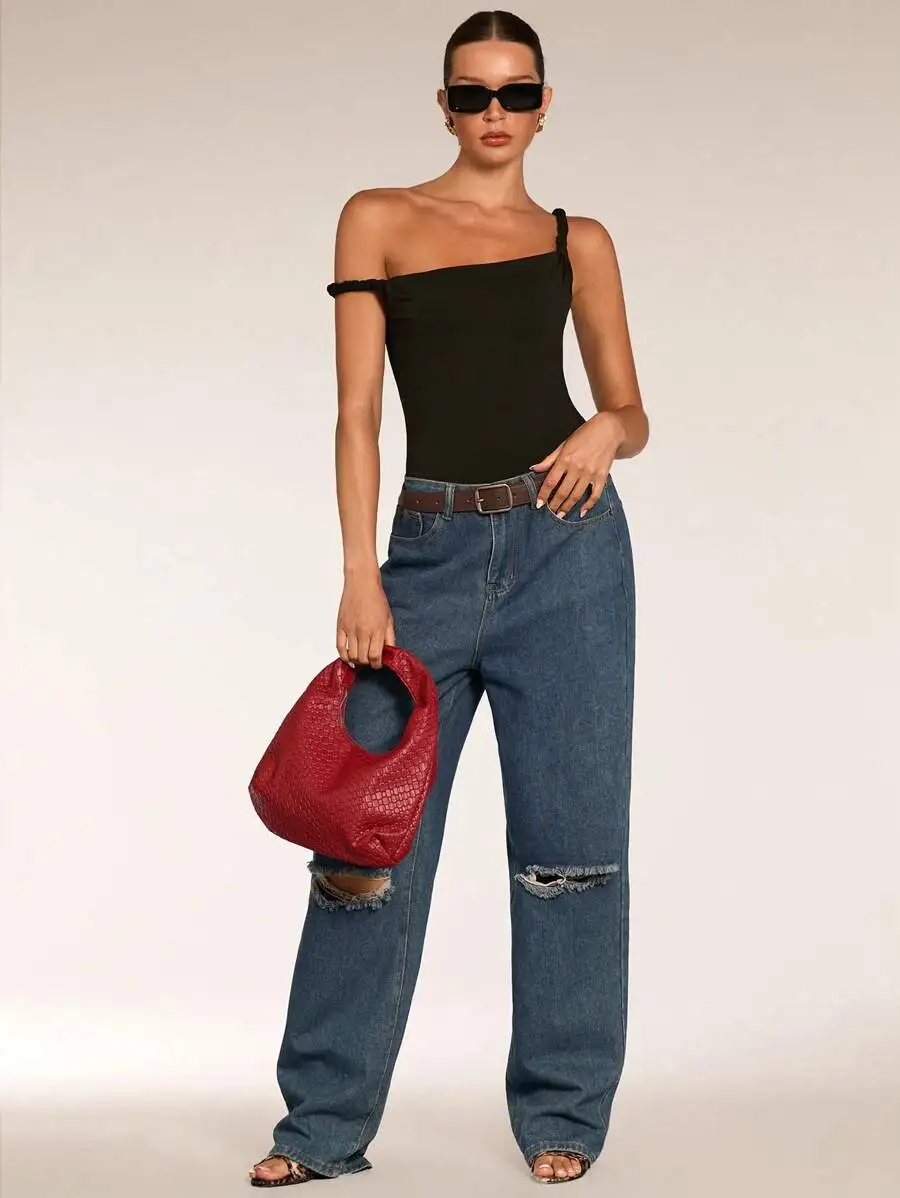 

Женский черный асимметричный боди без рукавов с перекрученным вырезом, эластичный, для летнего повседневного образа