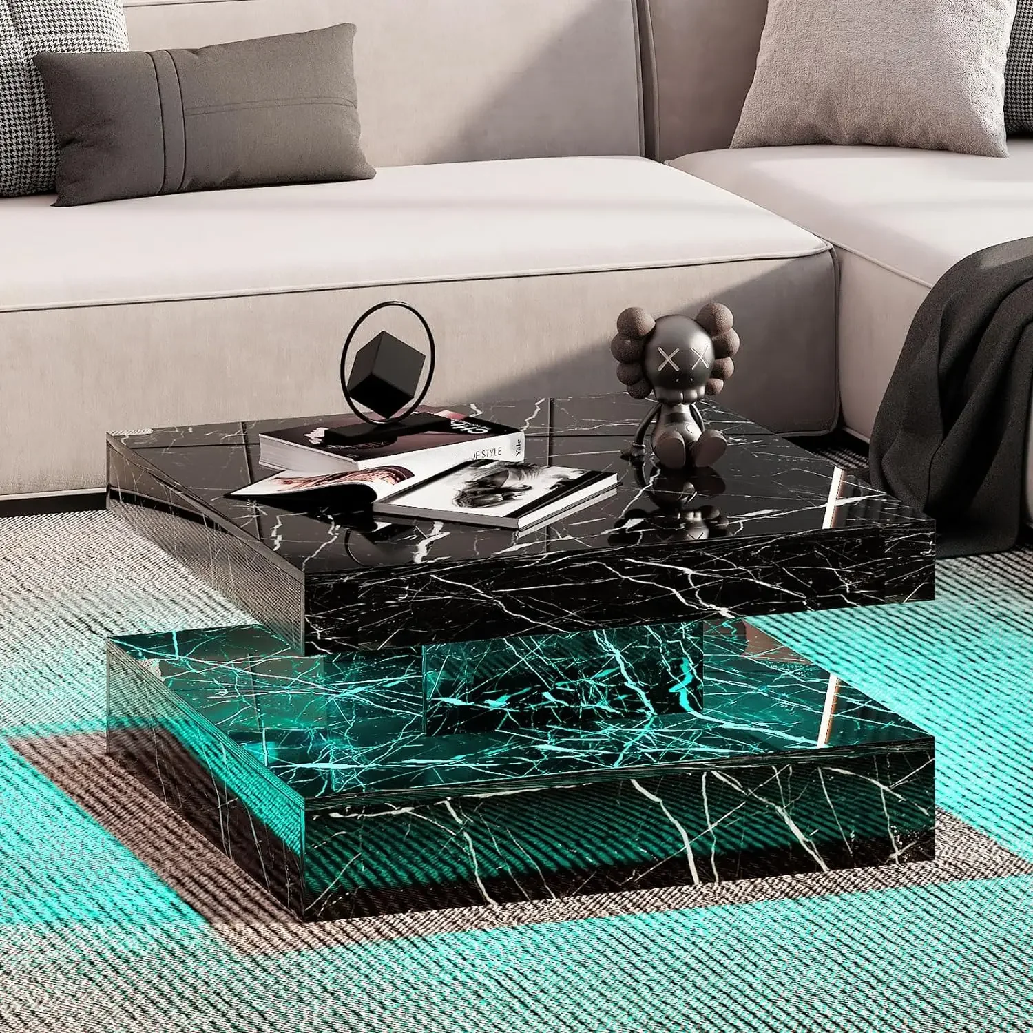 For Black Marble LED Coffee Table for Living Room with 2 Tier Storage Modern Square Glossy Middle Table Wood 20 Colors Light