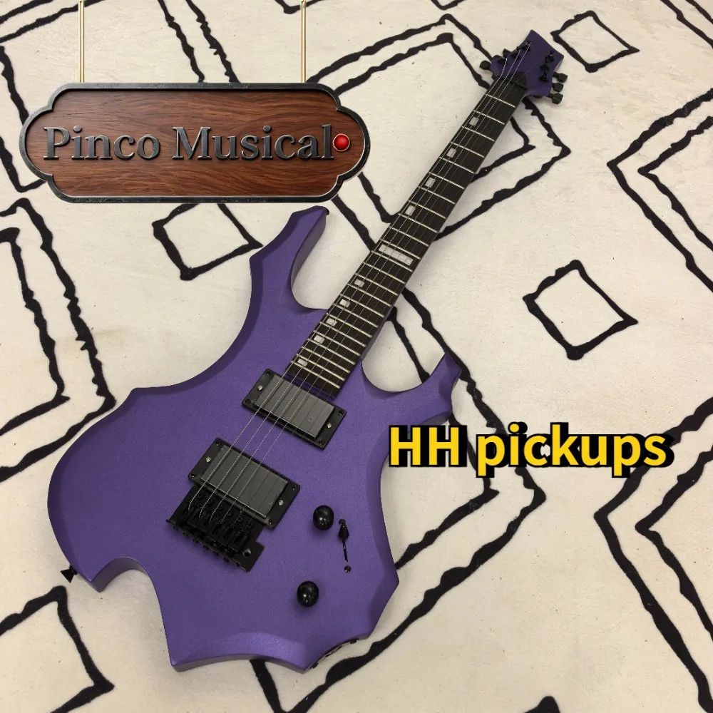Matte Purple Flame Shape Double Tremolo Electric Guitar, 2024 Product HH Pickups Heavy Metal Shred Guitar