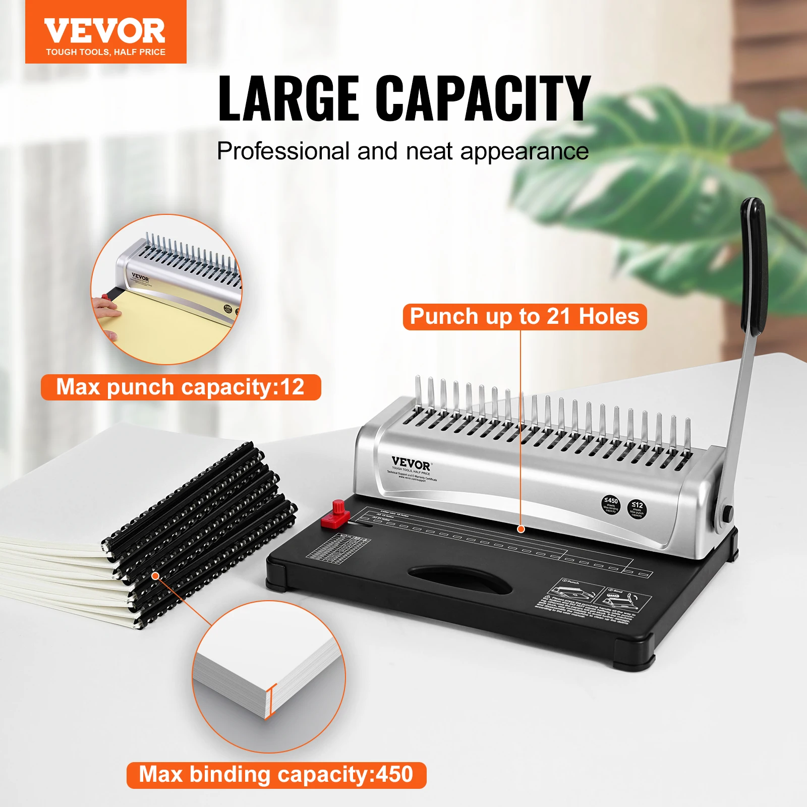 VEVOR Binding Machine Comb Binding Machine 21Holes Binding 450 Sheets Book Binder Machine with 100 PCS 3/8\'\' Comb Binding Spines