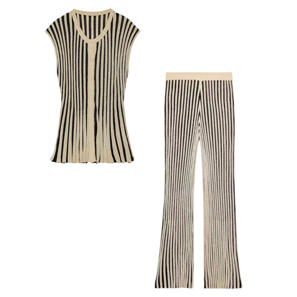 

PB&ZA2025 Summer New Women's Striped Cut Drop Shoulder Sleeveless Knitted Jacket Top + Spliced ​​Cut Knitted Casual Pants