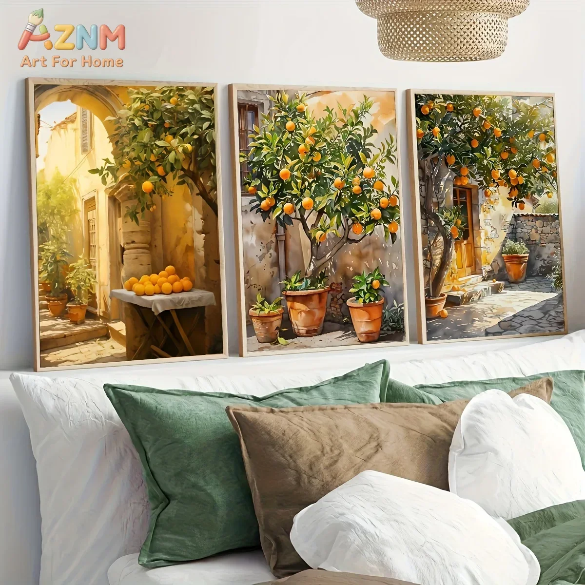 3pcsAZNM Mediterranean Vintage Orange Tree Fruit Landscape Canvas Wall Art Warm Sunlight Rural Town Scenery Watercolor Flat Gicl