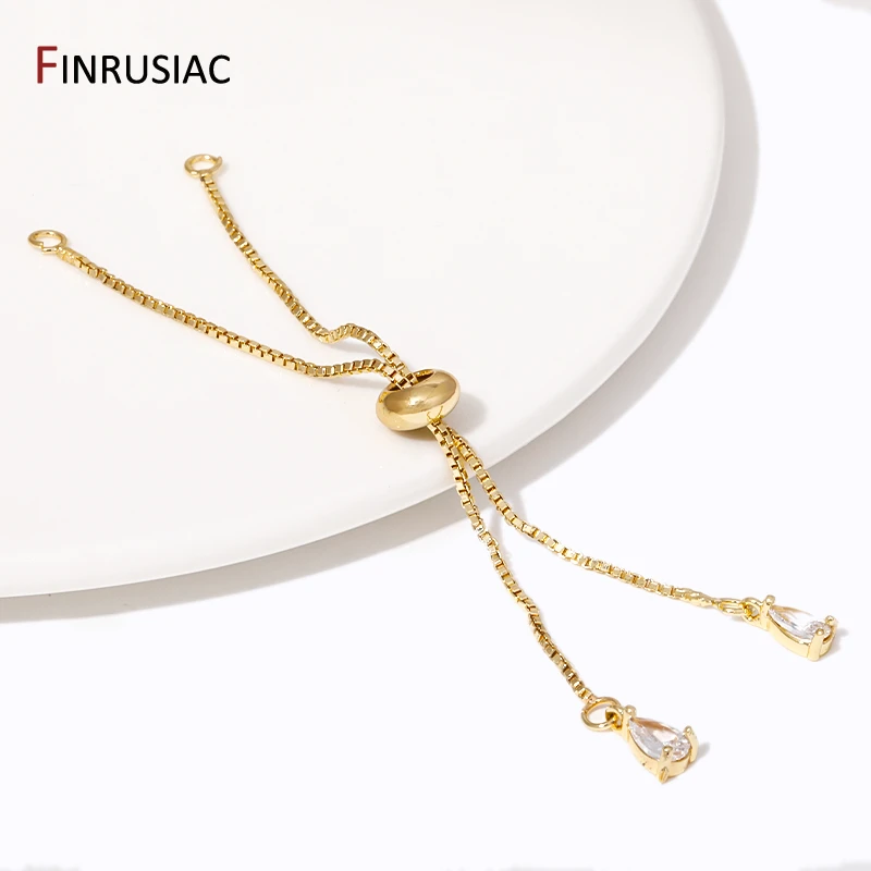 18K Gold Plated Brass Adjustable Slider Extender Chains Accessories With Zircon Beads for DIY Bracelet Jewelry Making Supplies