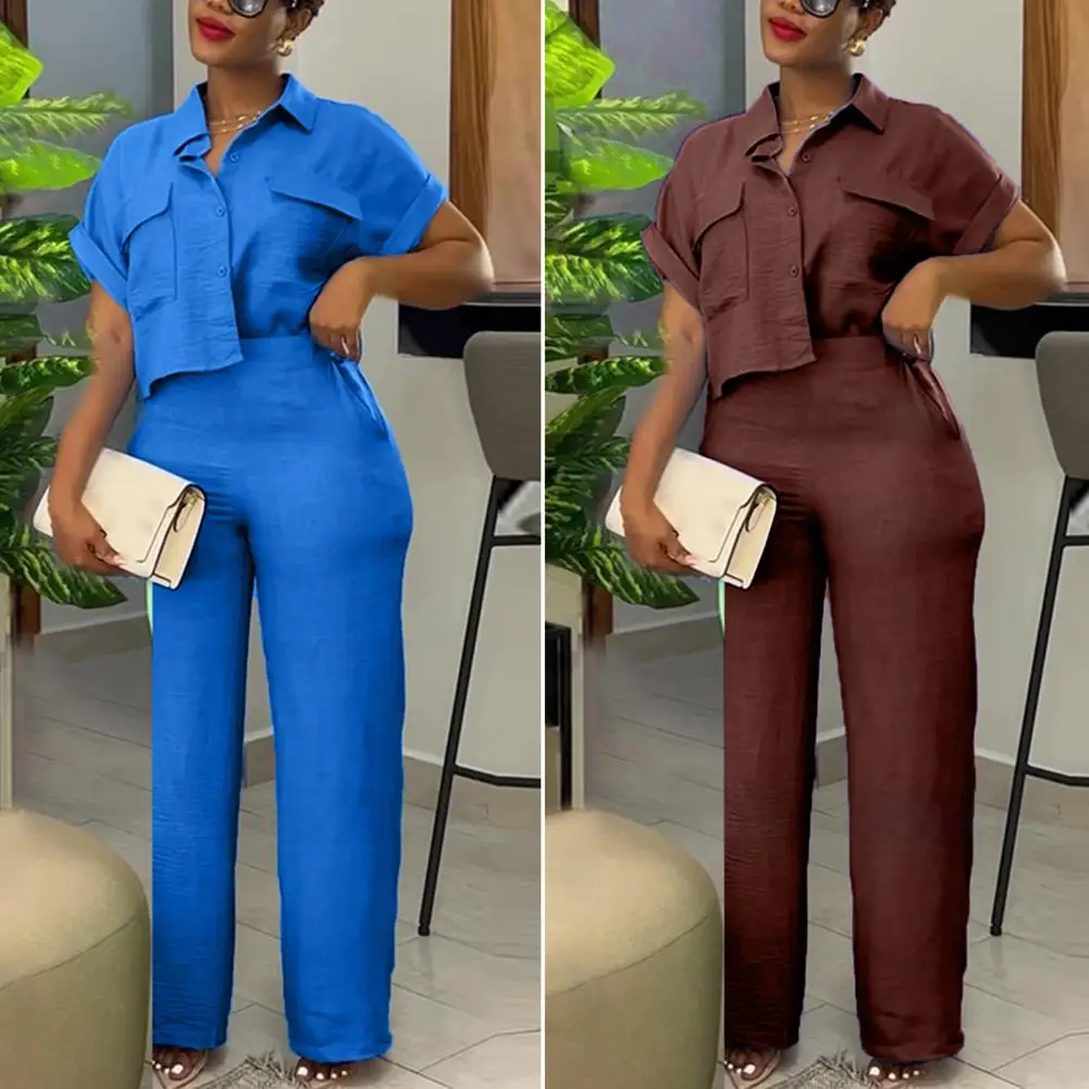 Women Commute Suit Stylish Women's Shirt Pants Set Turn-down Collar Single-breasted High Elastic Waist Wide Leg Straight Ol