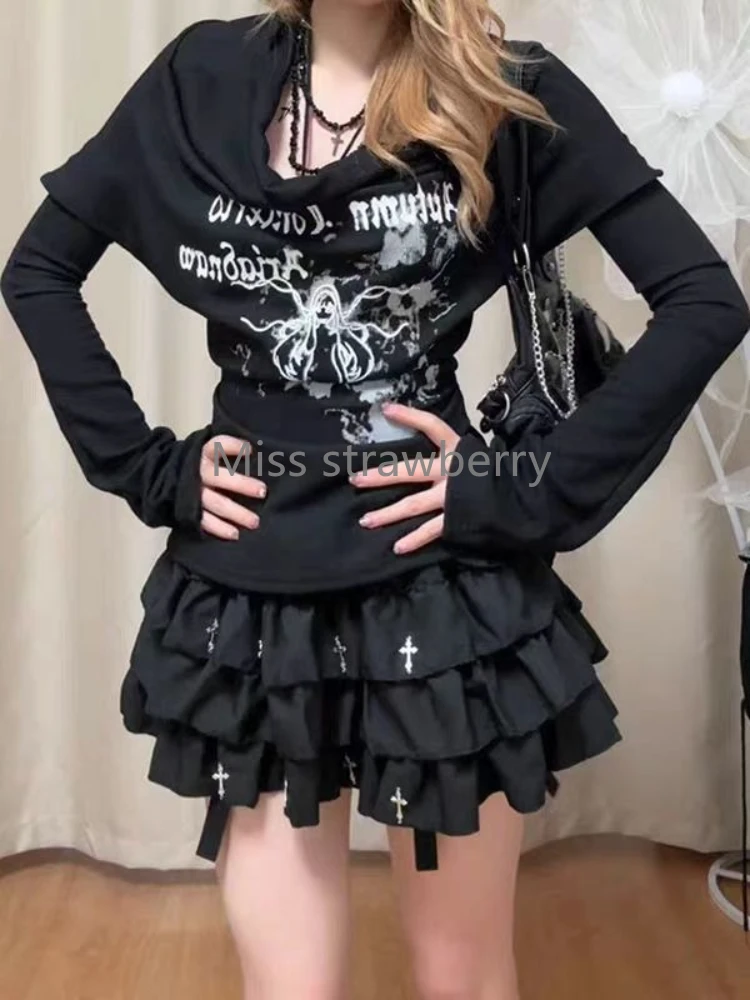 ฤดูร้อนGothic Slimสีดําพิมพ์เสื้อยืดผู้หญิงสาวร้อนY2kใหม่แขนสั้นTeesหญิงHigh Street Retroความงามเสื้อผ้า