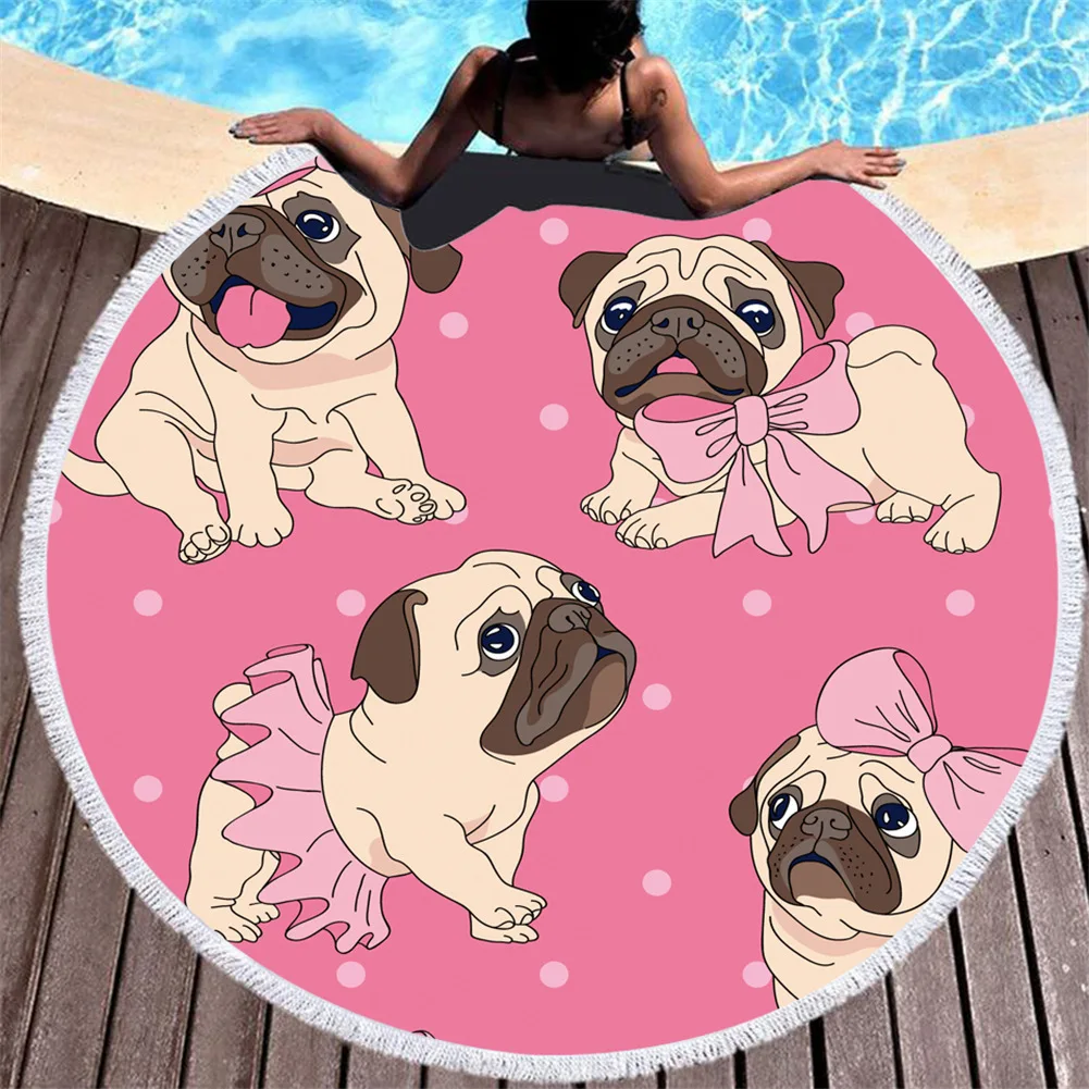 Pug Printed Round Towel 150cm Quick Dry Microfiber Beach Towel With Tassels Swimming Summer Funny Cat Dog Round Beach Towel