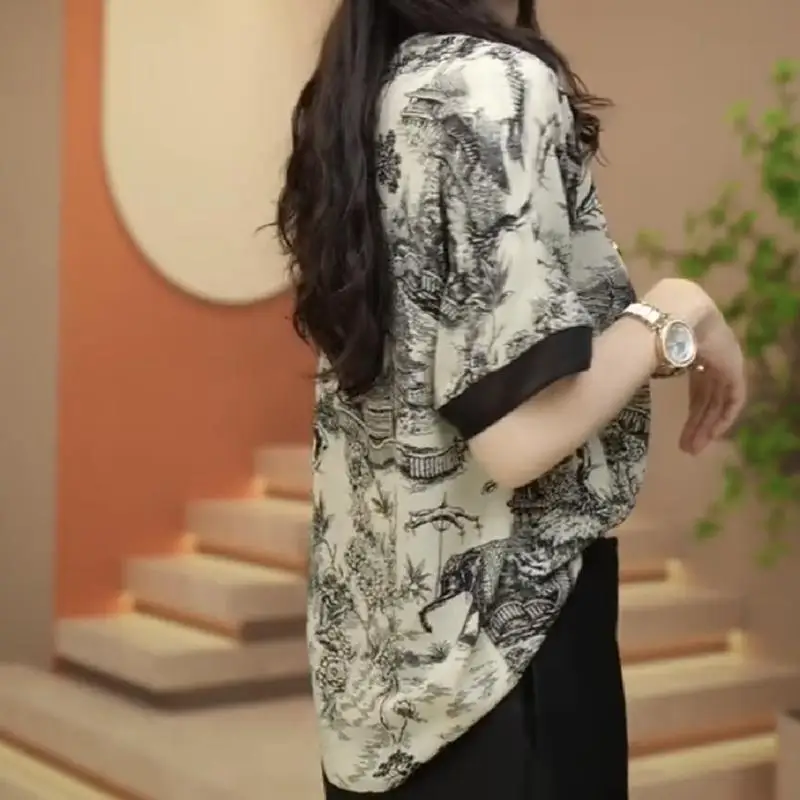 T-shirt en mousseline de soie à manches courtes et col rond pour femmes, vêtements élégants, t-shirts décontractés, mode printemps et été