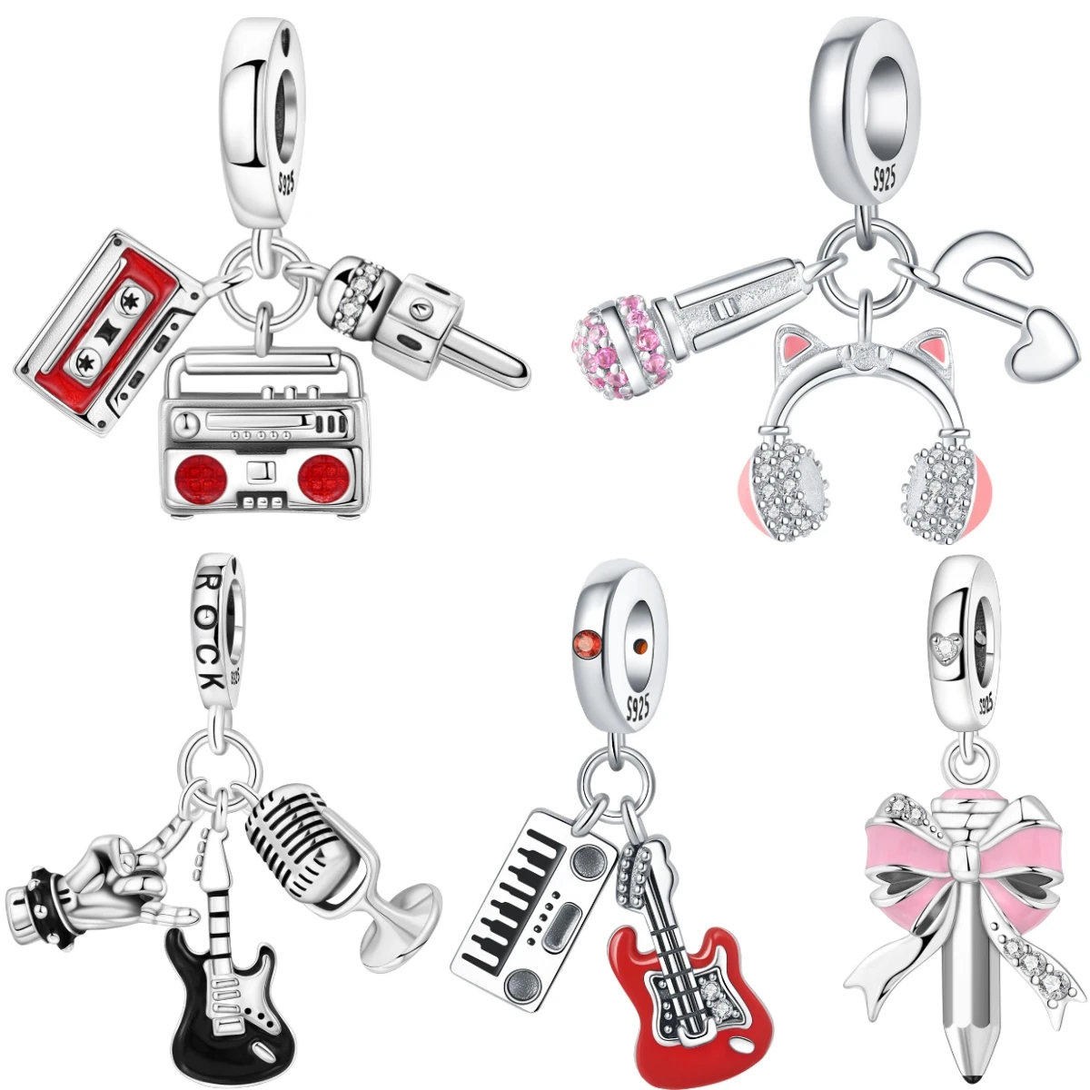 Orstarry 925 Sterling Silver Retro Red Audio Music Hobbies Original Pendants Bracelet Charms Jewelry Party Beads DIY Trendy Gift