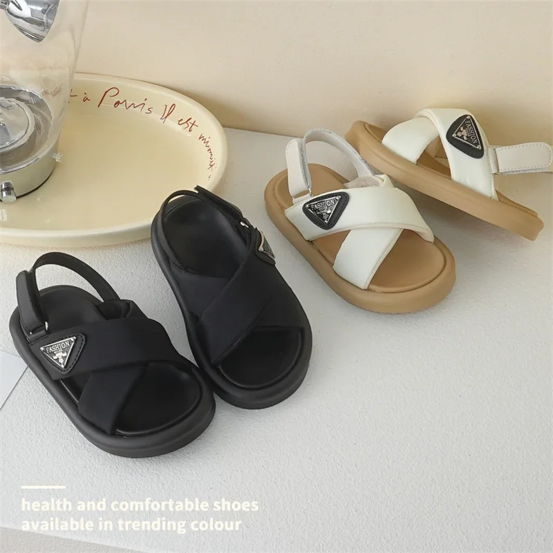 Children Sandals Girls Fashion Solid Metal Buckel Beach Sandals Boys Open Toe Wearable Non-slip Casual Shoes Size 23-35