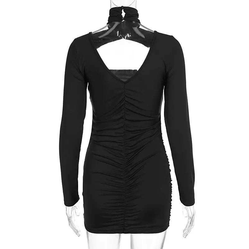 Nouvelles femmes robes automne mode manches longues col roulé robe noire Sexy évider dos nu moulante gaine élégante dame robe