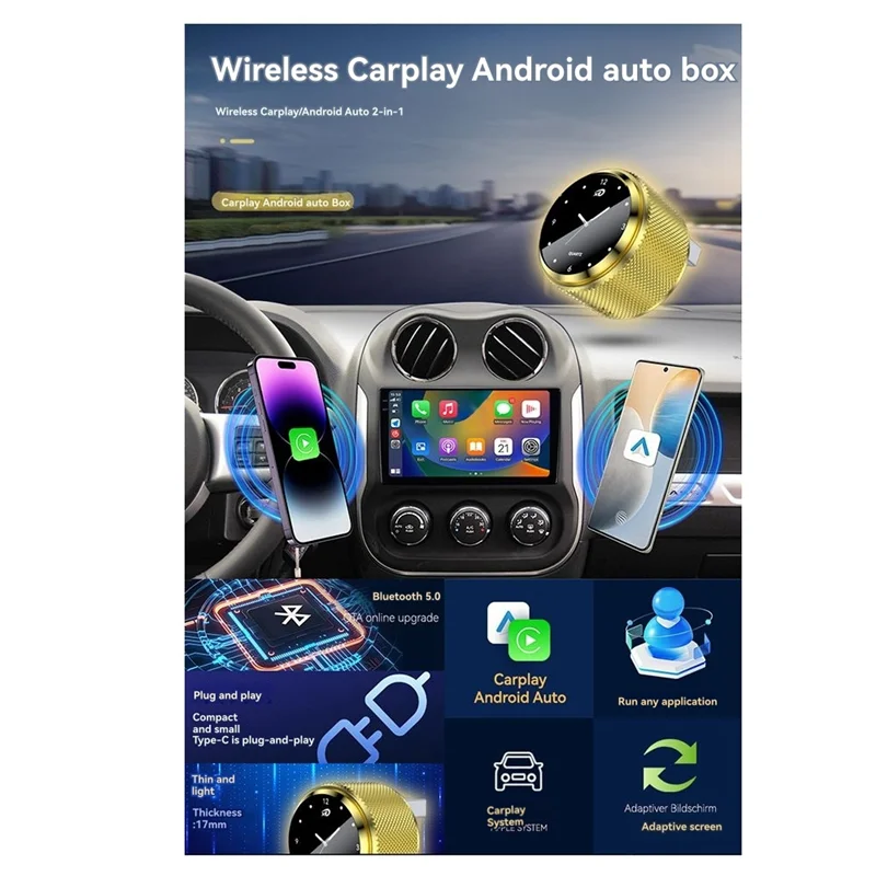 BNVN-Wireless Carplay Adapter 2 In 1 USB Dongle With Clock Smart Carplay& Android Auto Wired Connection