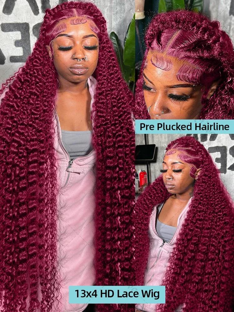 32 بوصة 99j بورجوندي 13x6 Hd الدانتيل أمامي باروكة من شعر طبيعي أحمر اللون ريمي شعر مستعار 13x4 الدانتيل الشفاف مجعد موجة عميقة شعر مستعار أمامي