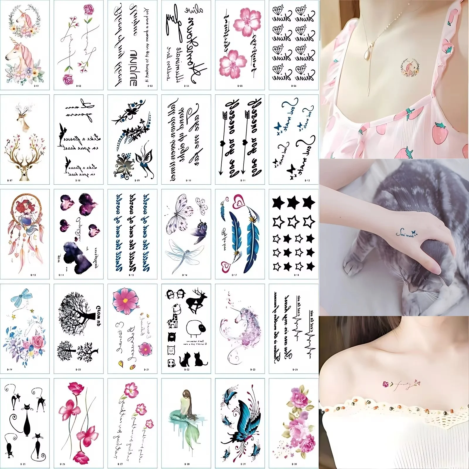 30pcs/set Temporary Transfer Tattoo Disposable Quote Dreamcatcher Unicorn Cat Heart Words Fake Tattoo for Women Men Wrist Chest