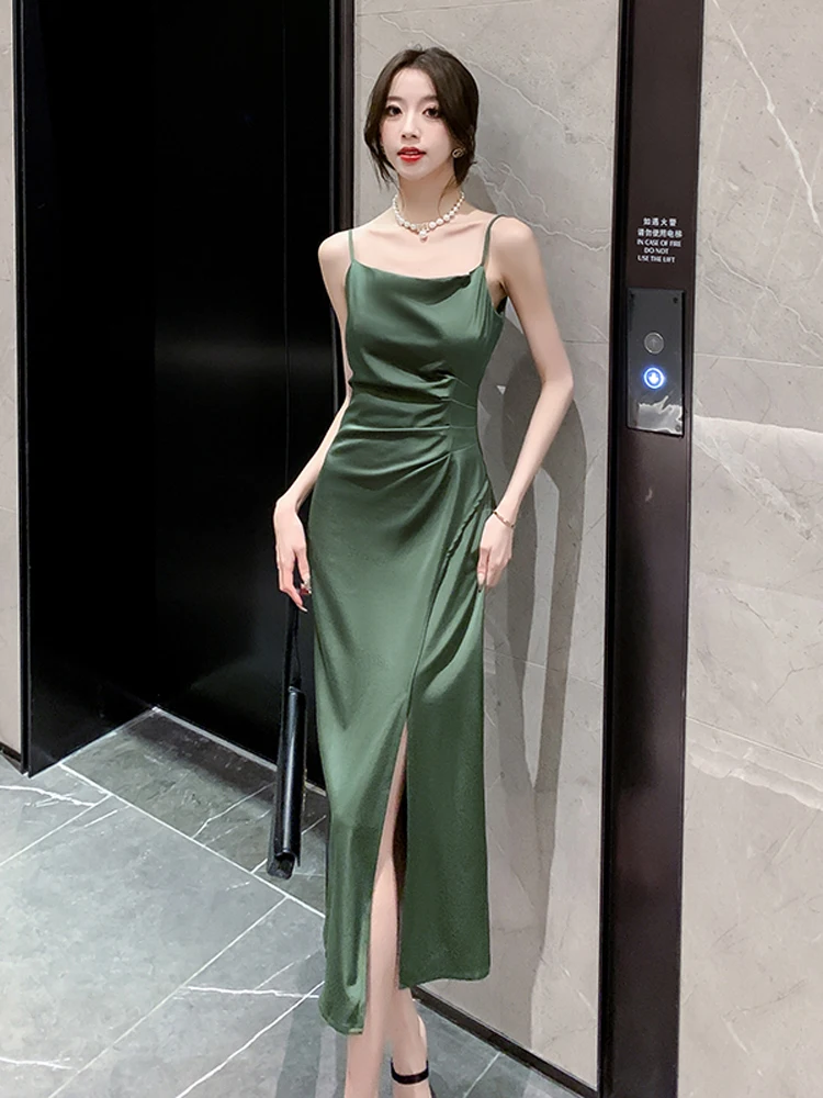 

French green acetic acid satin suspender dress women's summer high cold temperament slim split hip wrap dress long dress