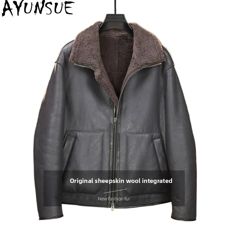 AYUNSUE Real Fur Coat Men Genuine Merino Heavy Wash Oil Wax Natural Sheep Wool Integral Jacket Thick Warm Winter Fur Outerwear