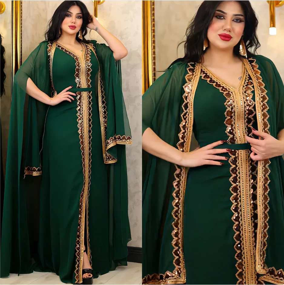 Elegant Abayas for Women Dubai 2024Muslim Women Dress 2 Piece Set Chiffon Cloak Sleeve Kaftan Plus Size Party Sequin Robes