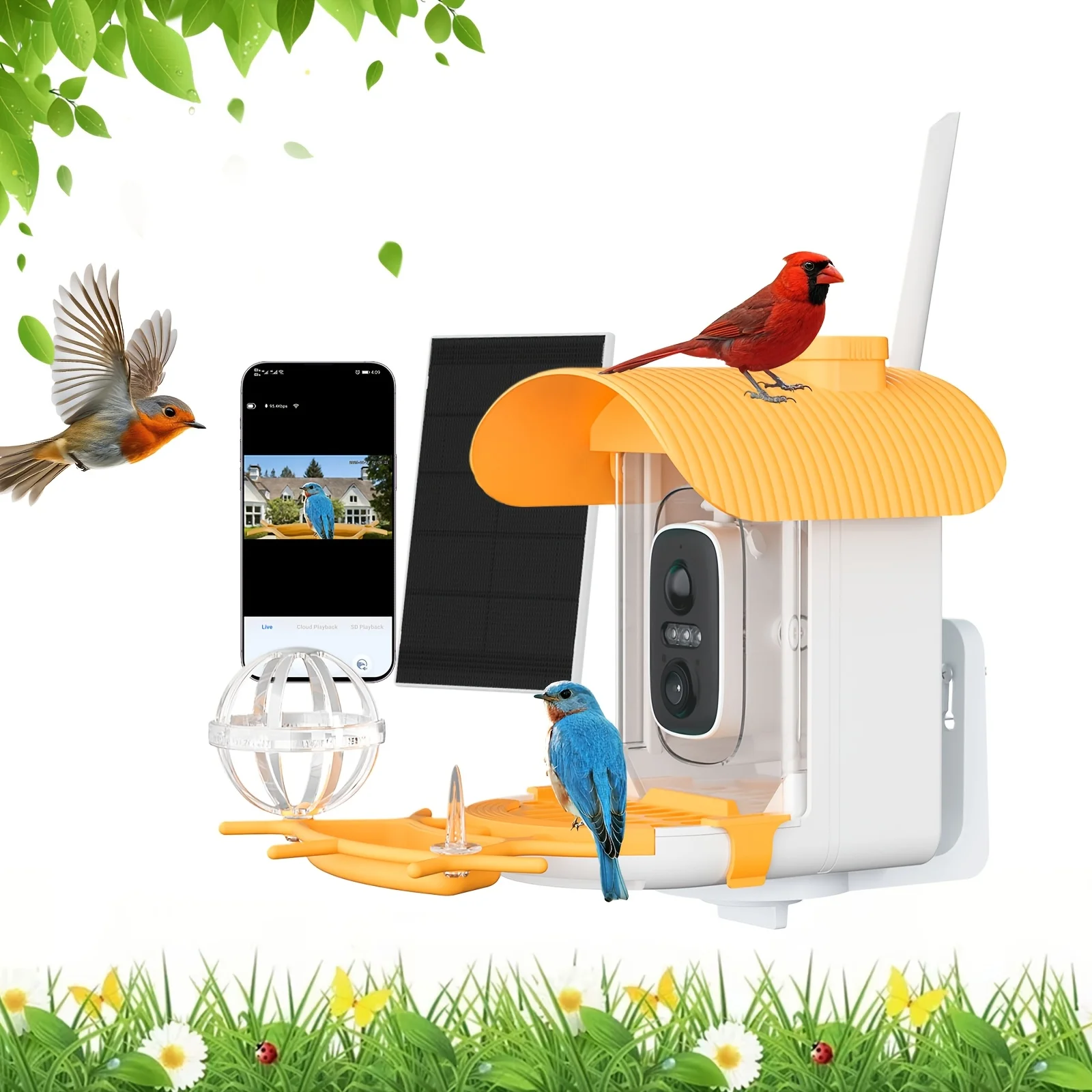 A Solar-Powered Smart Bird Feeder Equipped with a Camera, Featuring AI Recognition, a 4MP High-Definition Camera, 2K Resolution,