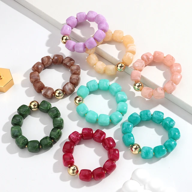 96331-0bcbb1.jpg Acrylic Square Beads Elastic Bracelets for Women Boho Irregular Stone Shape Beaded Handmade Bracelet Bangle Retro Jewelry Gifts