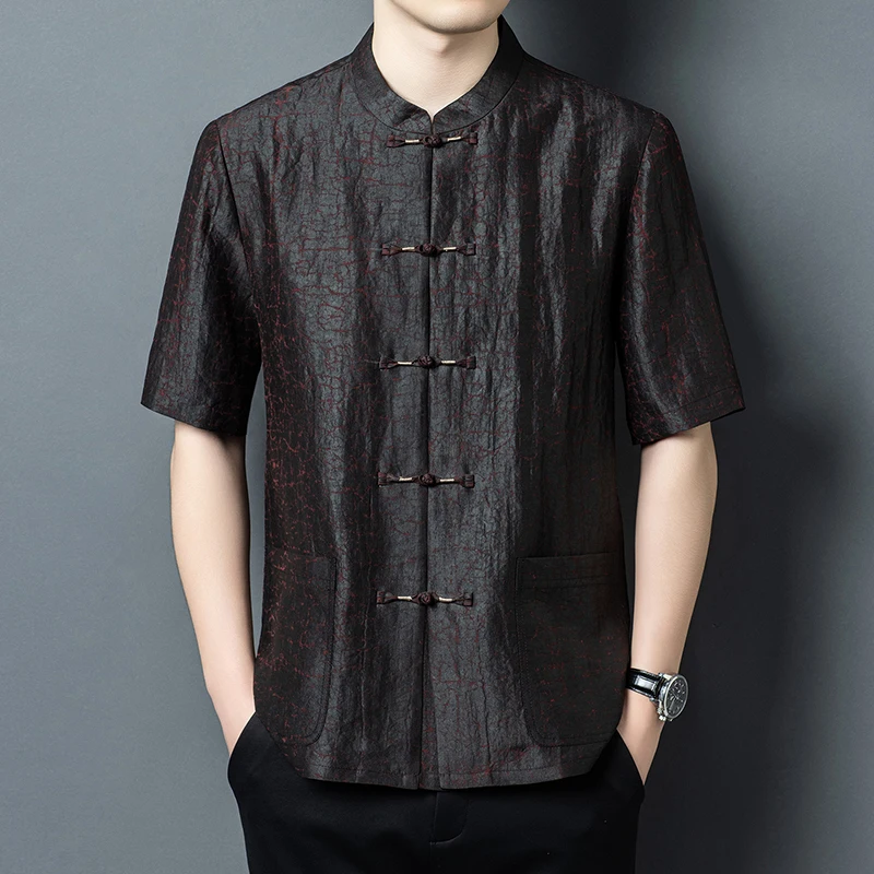 Chinese Style Frog Button Shirts For Men Short Sleeve Silk 100% Summer Quality Tang Costume Lightweight Smooth Camisas De Hombre