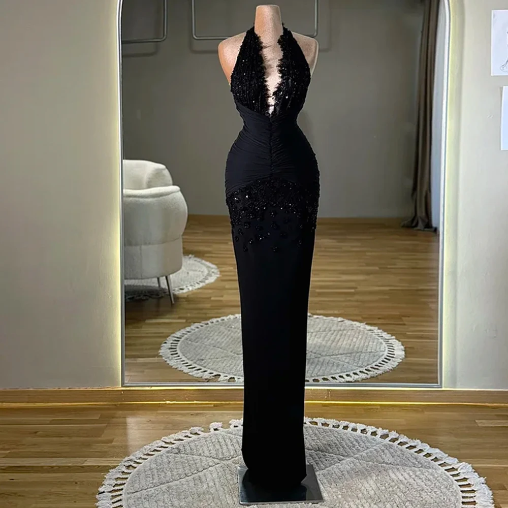 

Sexy Black Jersey Evening Dress Customized Charming Halter Sleeveless Homecoming Dresses Luxury Beading Special Occasion Gowns