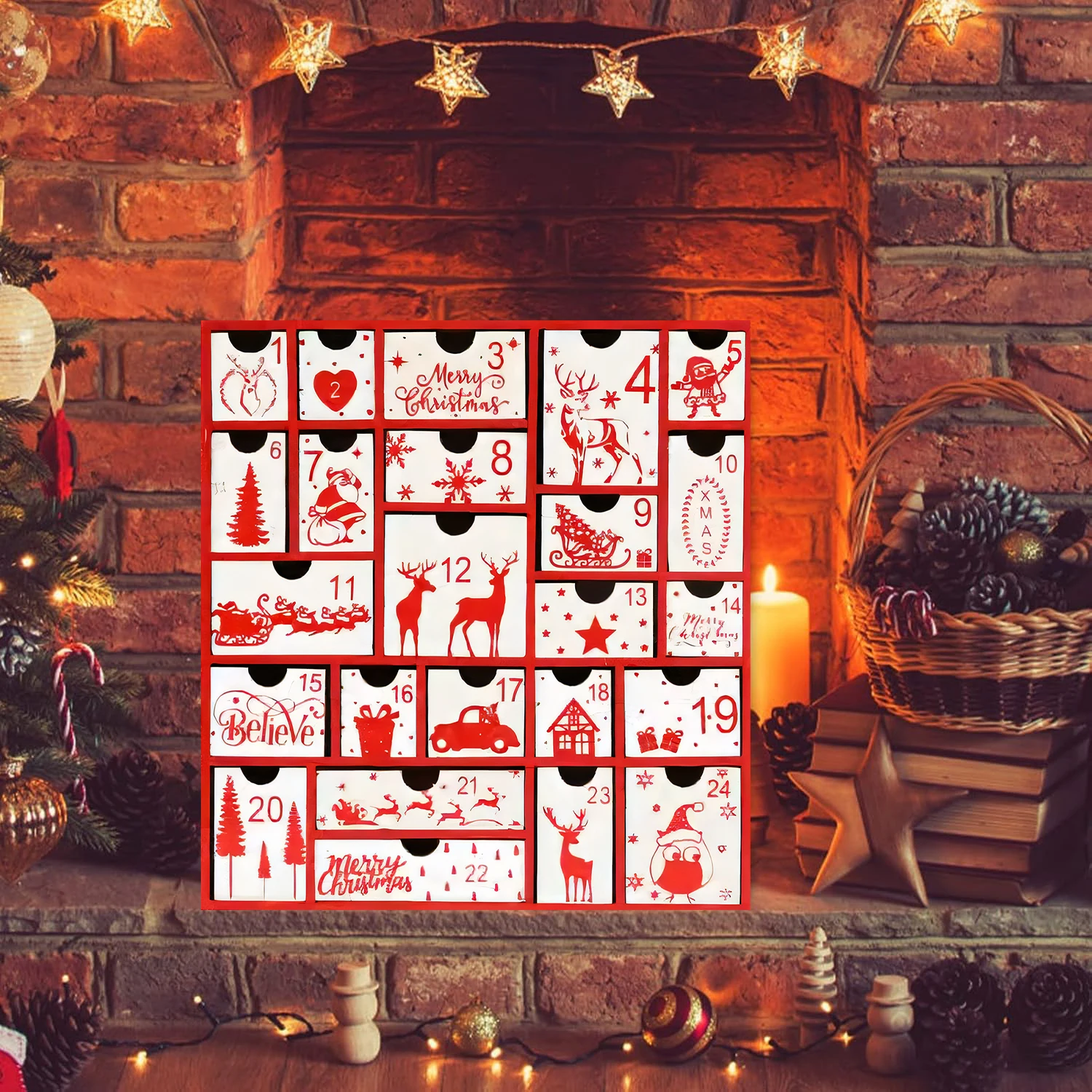 

1Pcs Red or Gold Wooden Advent Calendar with 24 Storage Drawers 24-Day Countdown to Christmas Holiday Decoration