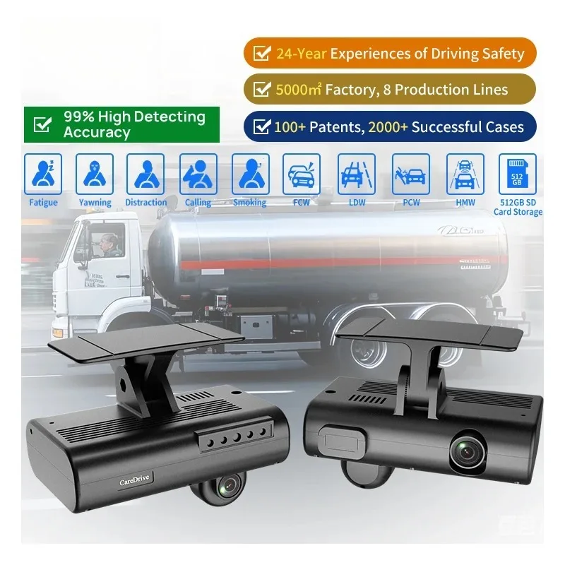 

CareDrive 1080p Dual Lens Dashcam with DSM and ADAS Functions FCW LDW HMW PCW AI Pedestrian Detection for Cars and Forklifts