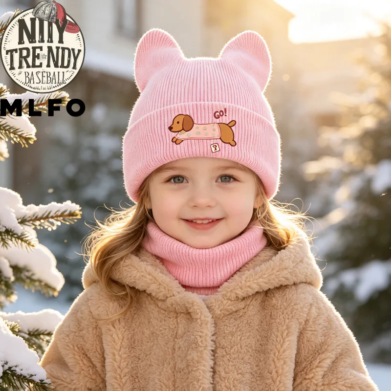 Ins Trendy Kids Knit Cold Hat 1‑3Y Cute Sausage Dog Print Toddler Aesthetic Knitted Beanie For Daily Outfit
