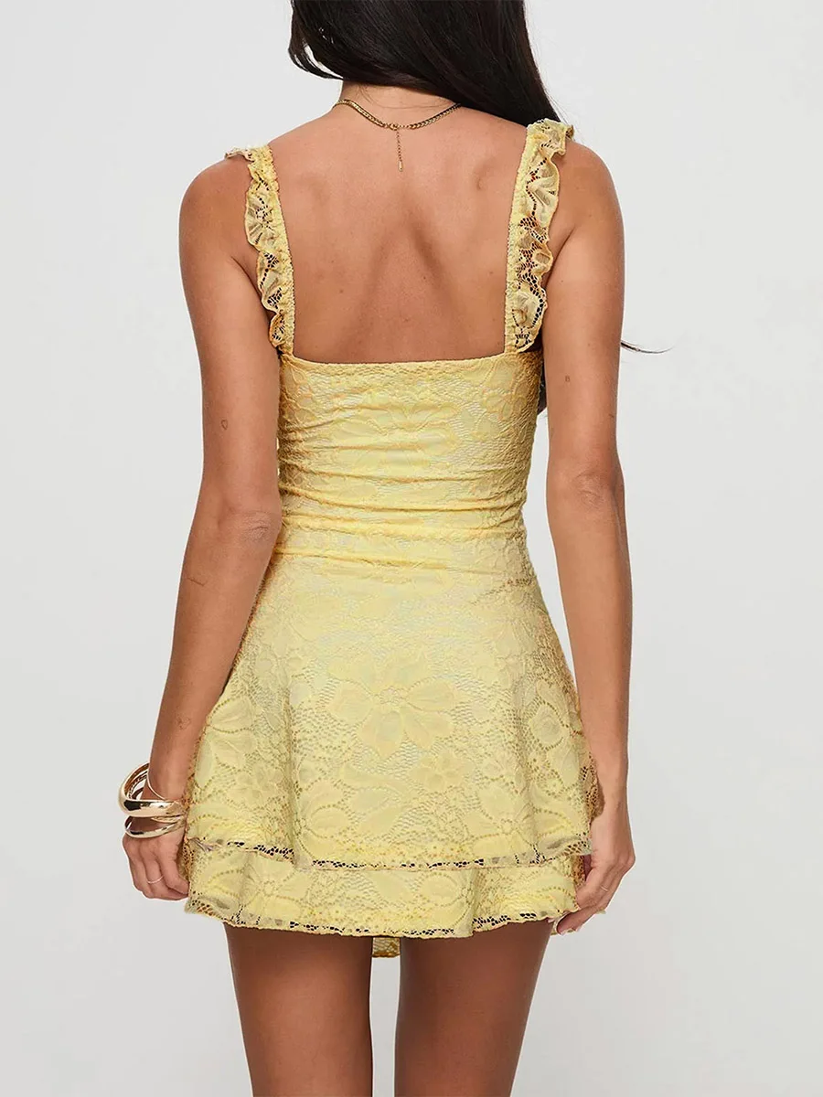 Neue Mode Frauen Ärmelloses Spitzenkleid Low Cut Mini Schleife Tiered Saum A-Linie Kleid Für Party Ot Verkauf S M L