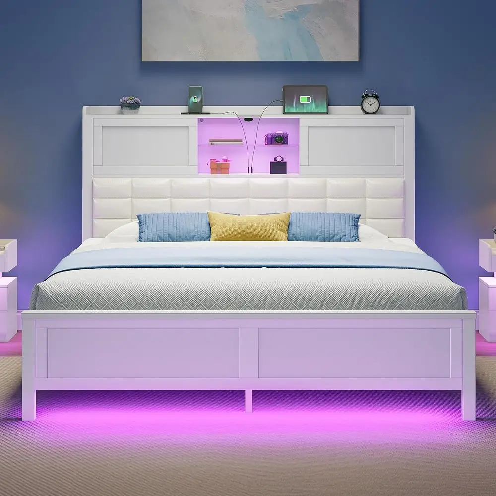 

Bed e ull Size with Charging Station, Bookcase board Bed with LED Light and Sliding Do, Platorm Bed with Wooden Slats, No Box Sp