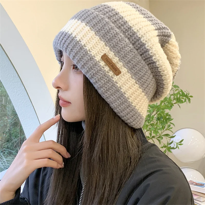 1PC New Winter Warm Hats For Women Casual Stacking Knitted Bonnet Caps Men Hats Stripe Hip Hop Unisex Female Beanies