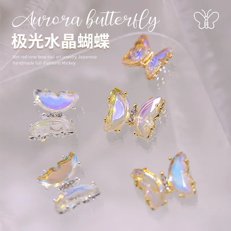 

10Pcs Aurora Butterfly Crystal Nail Rhinestones Glass Butterfly Nail Art Diamond Gems Sparkle Charms For Manicure Accessories